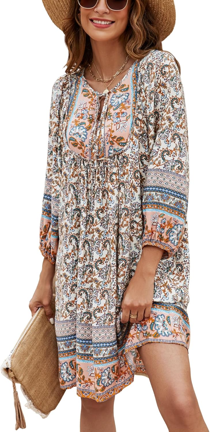 Bluetime Women Casual Summer Dress Boho V Neck Floral Print