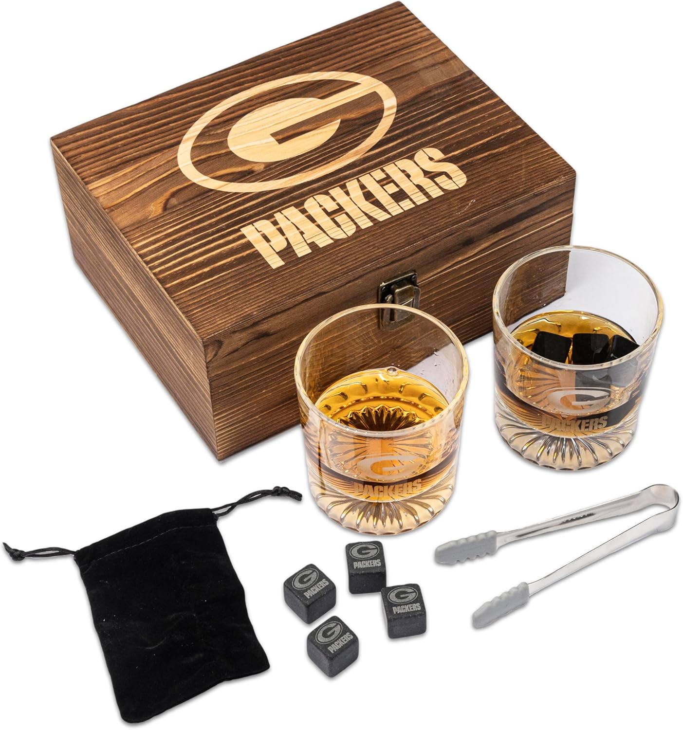 NFL Wood Boxed Drinkware Set with Rocks Glasses for Fans