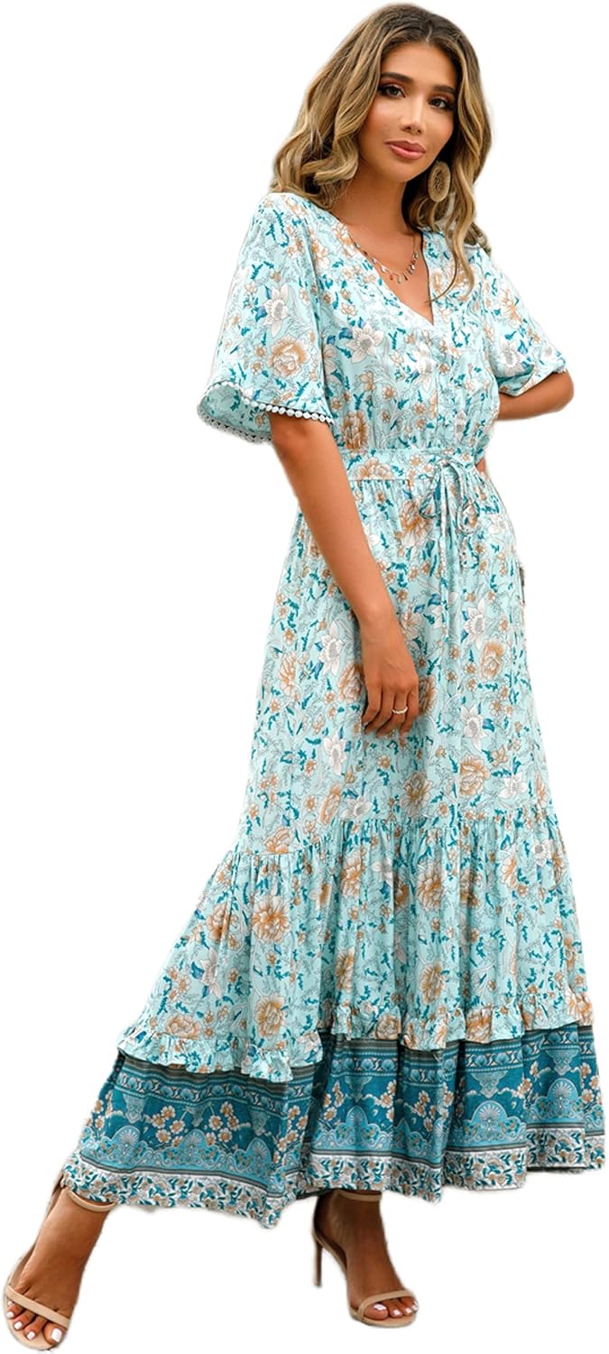R.Vivimos Womens Summer Cotton Short Sleeve Floral Midi Dress
