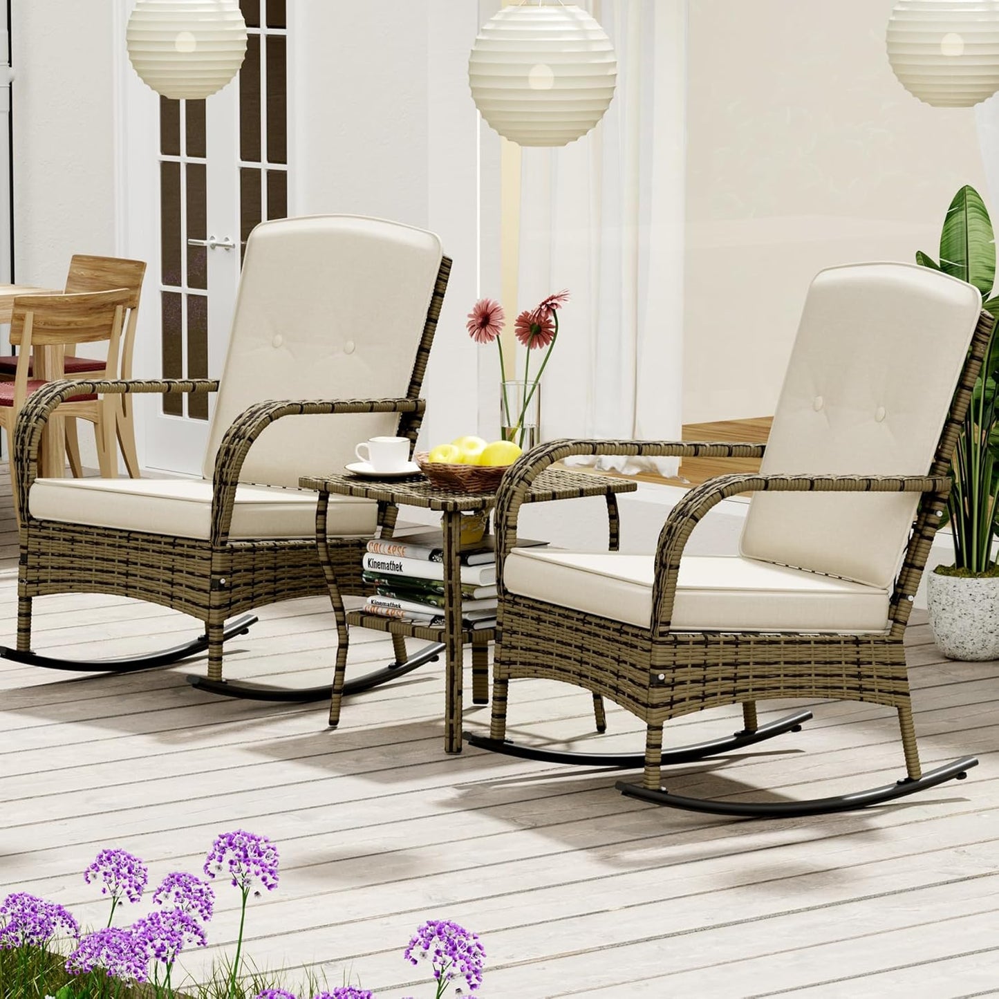 3 Pieces Patio Conversation Set with Rocking Chair and Table