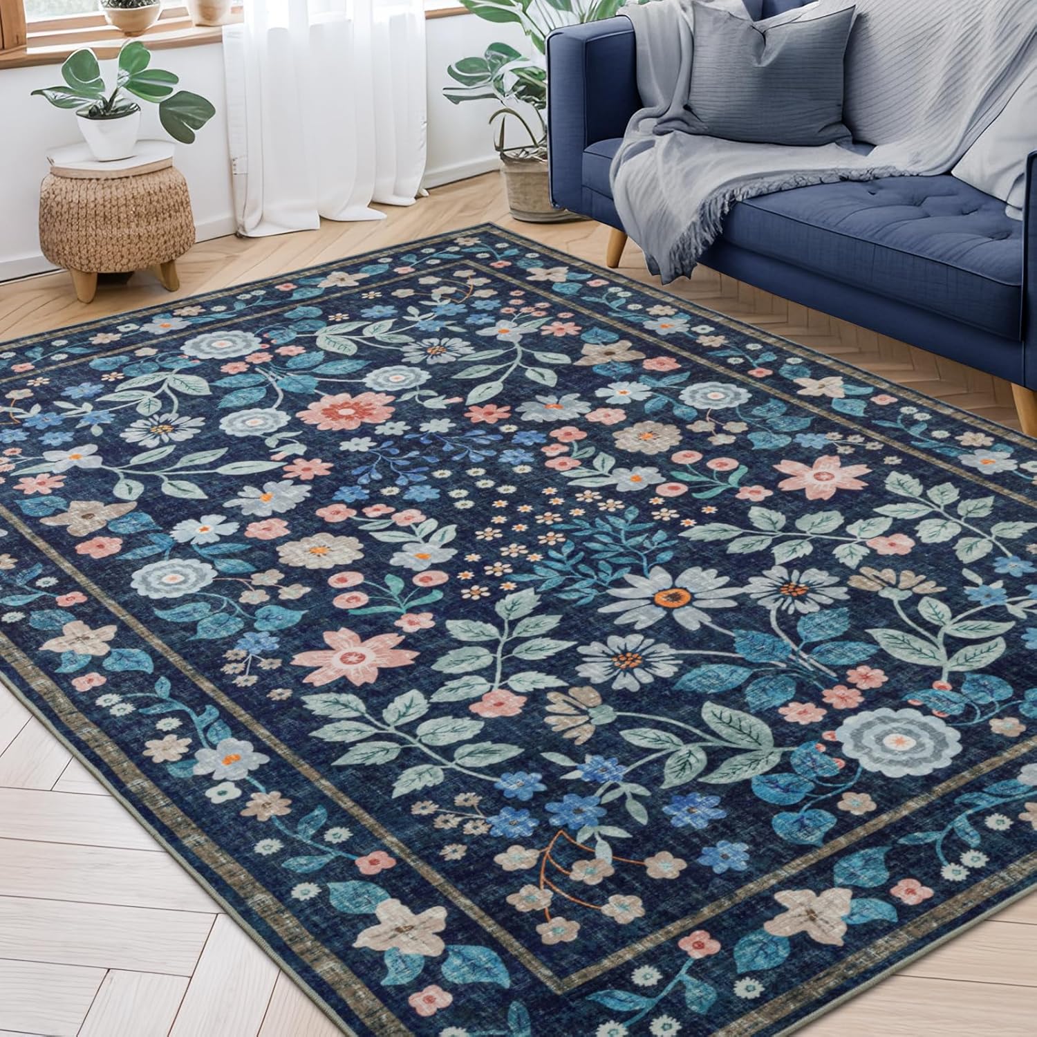 YIHOUSE Floral Blue 4x6 Washable Area Rug for Home Decor
