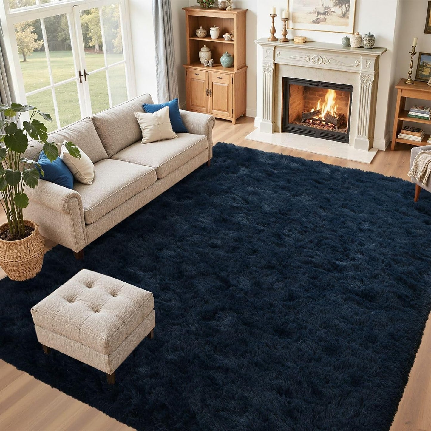 5x8 Fluffy Area Rug in Navy Blue for Living Room and Bedroom