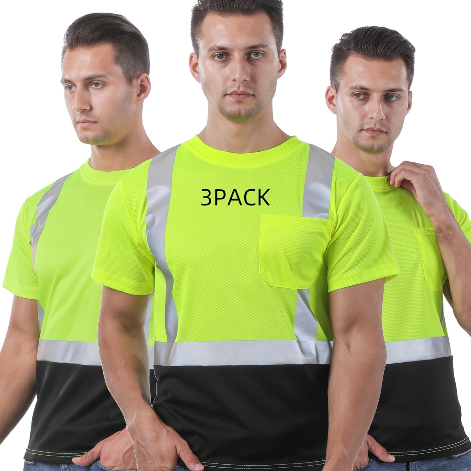 High Visibility Shirts for Men - 3PACK Reflective Safety T Shirts