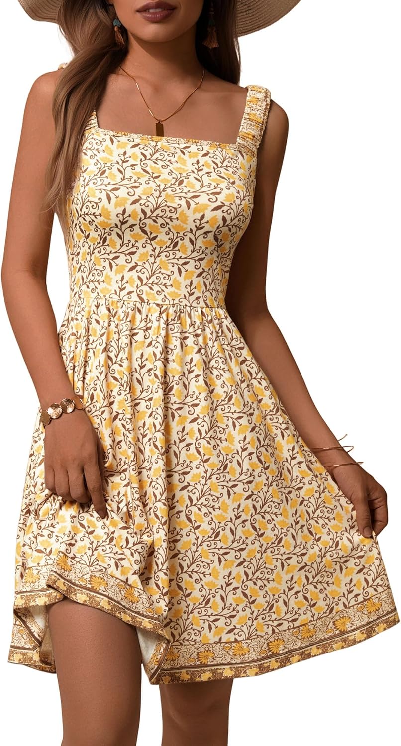Stylish Women's Summer Casual Square Neck Dress with Pockets