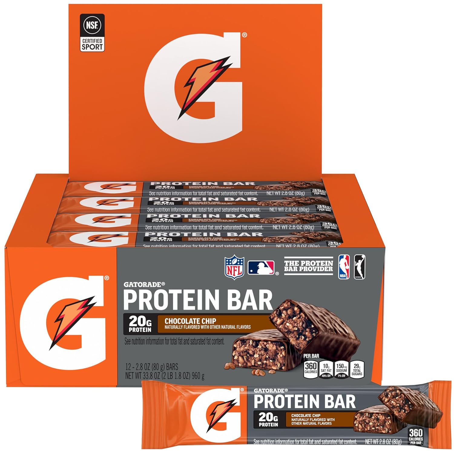 Gatorade Chocolate Chip Protein Bars, Pack of 12