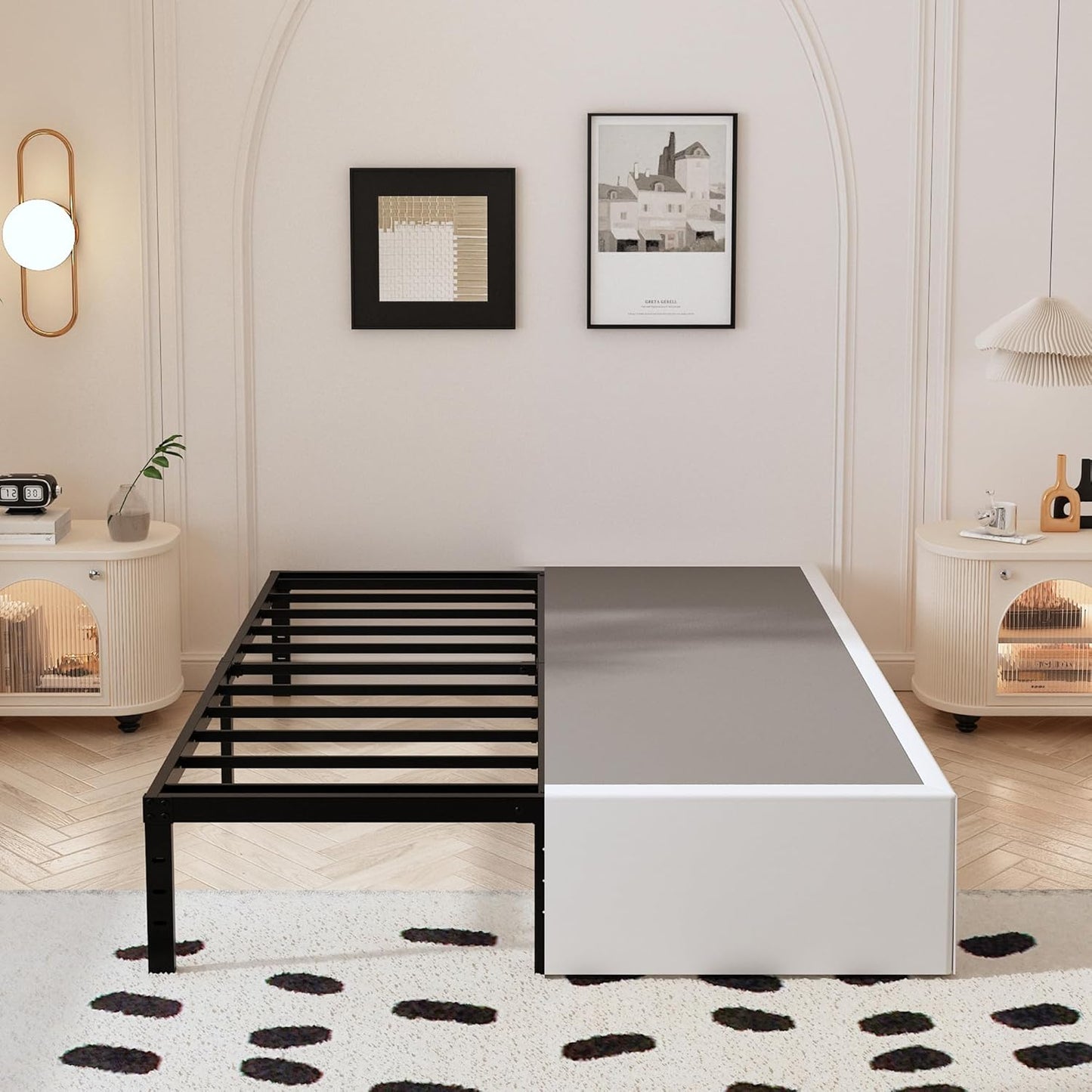 Heavy Duty Queen Bed Frame with White Fabric Cover and Storage