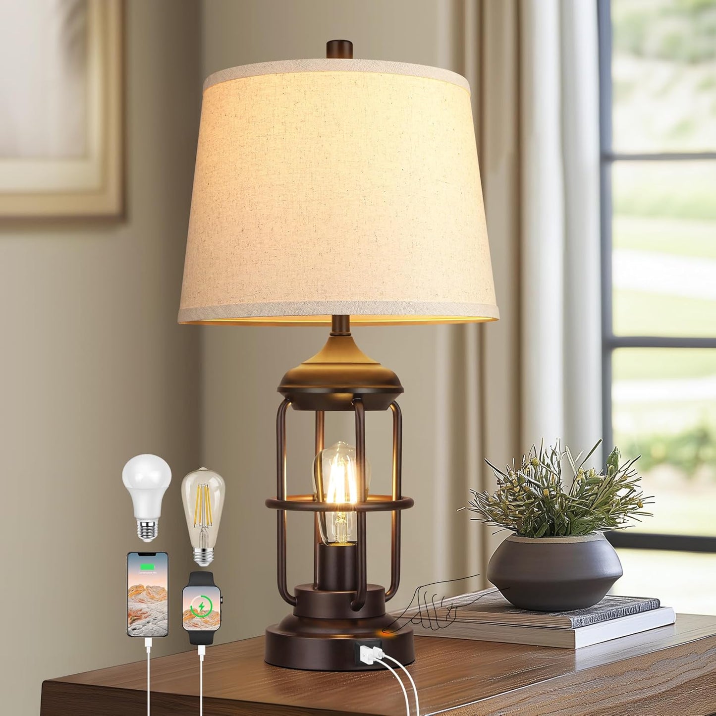 Rustic Industrial Table Lamp with USB Ports and Dimmable Touch Control
