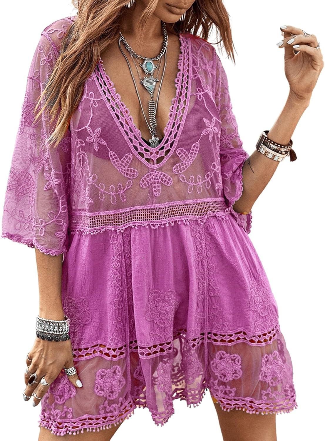 Eomenie Women's Contrast Lace Bathing Suit Cover Up for Beach