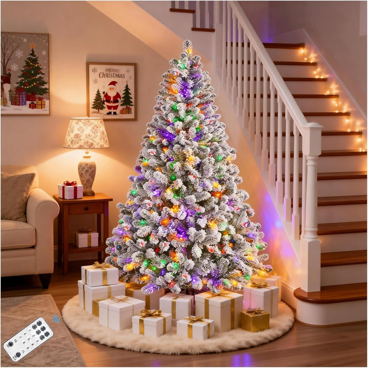 6FT Snow Flocked Pre Lit Christmas Tree with Colorful LED Lights