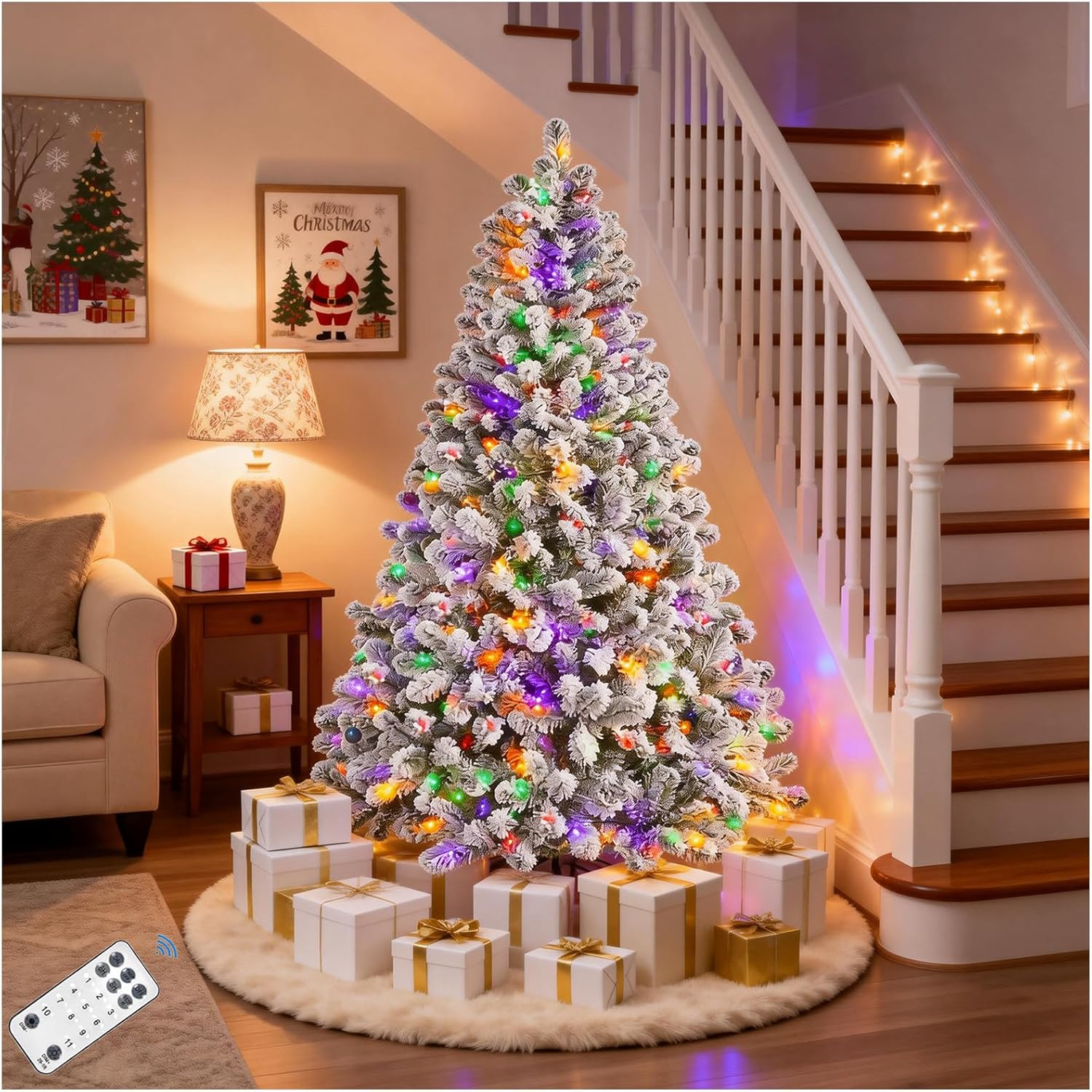 6FT Snow Flocked Pre Lit Christmas Tree with Colorful LED Lights