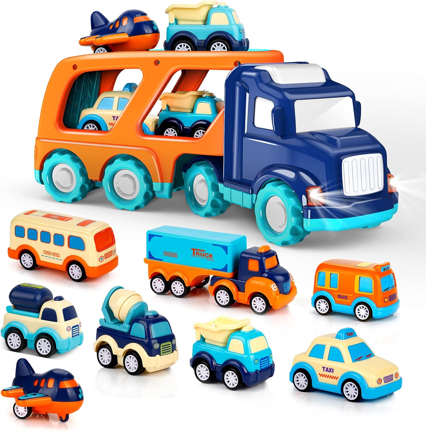 Big Transport Truck Set with 8 Pull Back Cars - Fun & Interactive Gift for Toddlers!