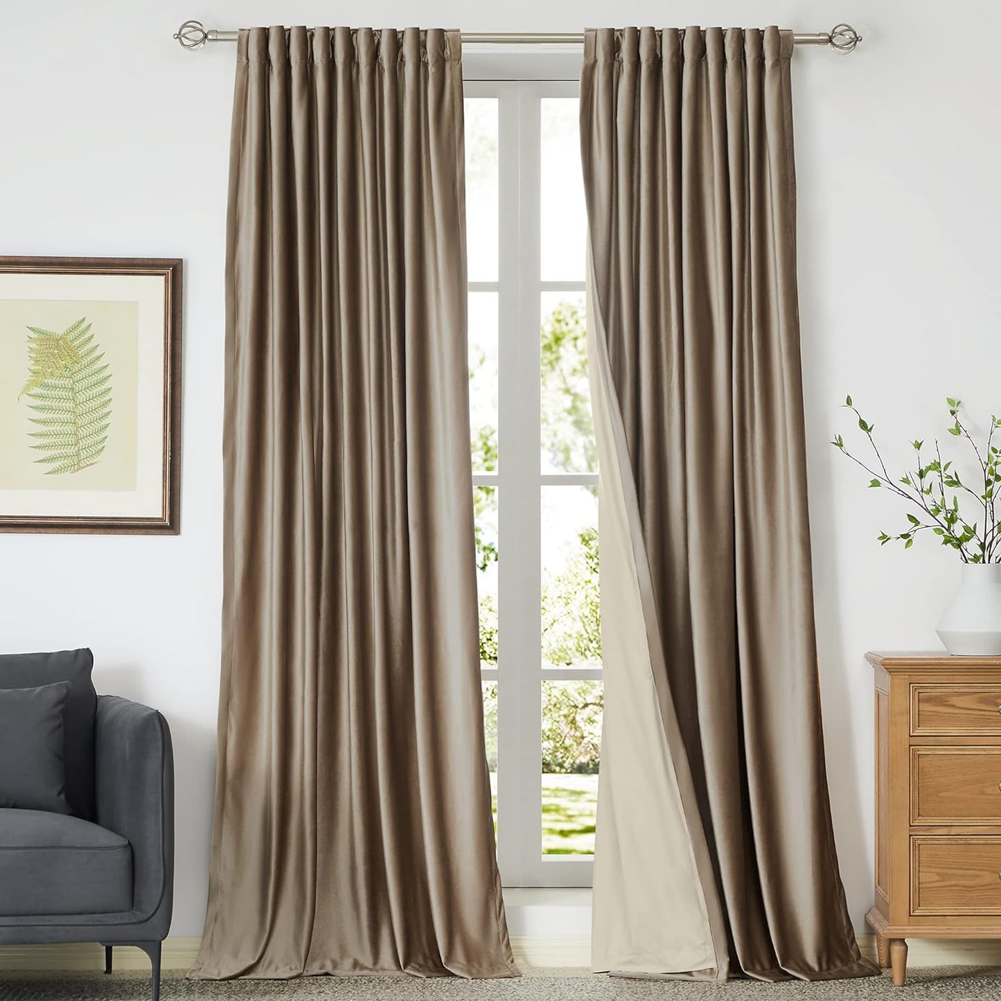 Blackout Taupe Velvet Curtains 108 inch Long for Living Room