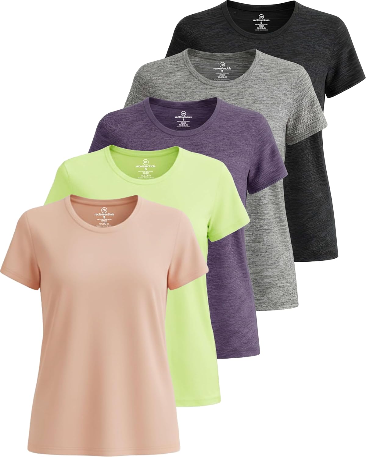 Real Essentials 5 Pack Women's Short Sleeve Workout Tops for Fitness