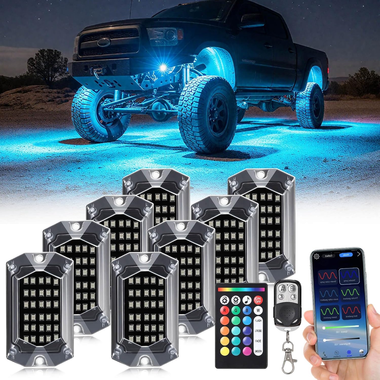 8Pods Full Angle RGB LED Rock Lights Kit for Jeep and Trucks