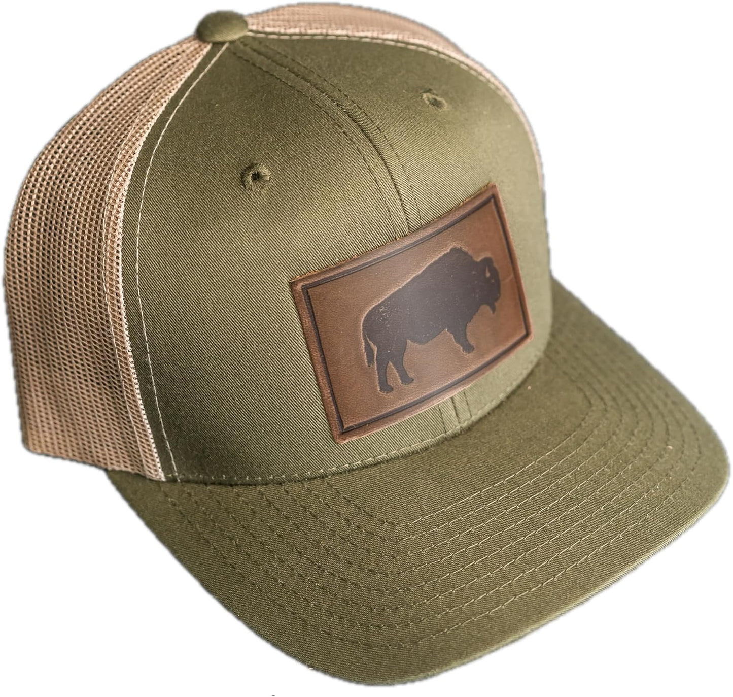 Bison Stamp Leather Patch Trucker Hat - Adjustable Snapback