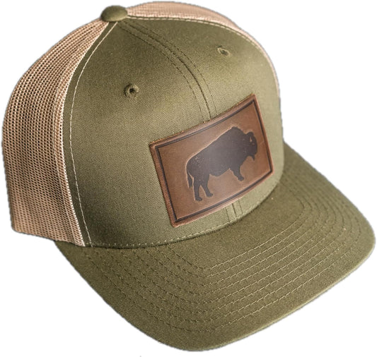 Bison Stamp Leather Patch Trucker Hat - Adjustable Snapback
