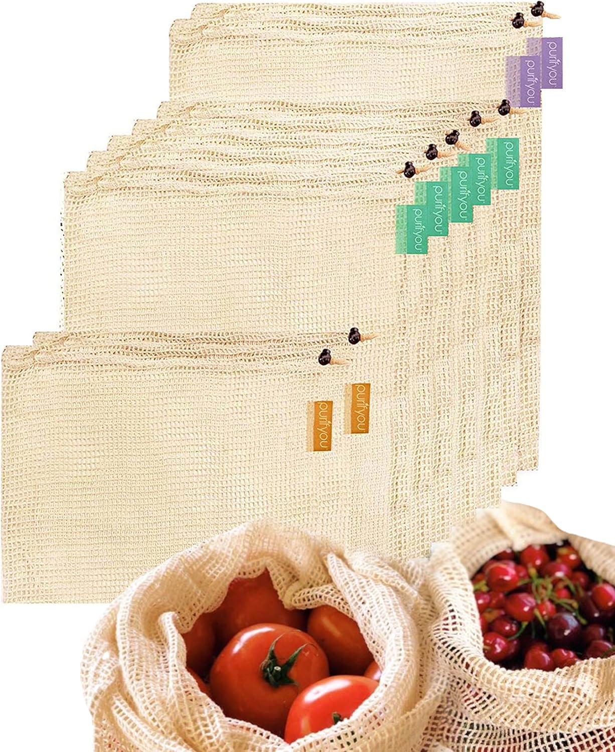 Reusable Organic Cotton Produce Bags Set of 9 for Shopping