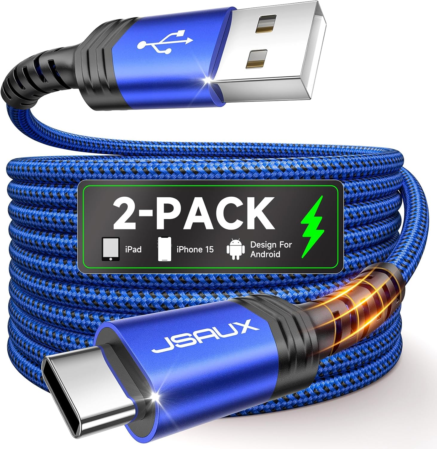 Fast Charge JSAUX USB C Cable 2-Pack 6.6ft for iPhone/Samsung - Blue