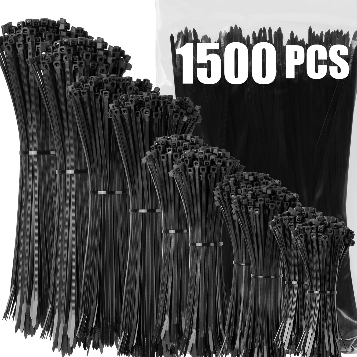 XINGO 1500 Pack Black Zip Ties: Assorted Sizes for Versatile Use