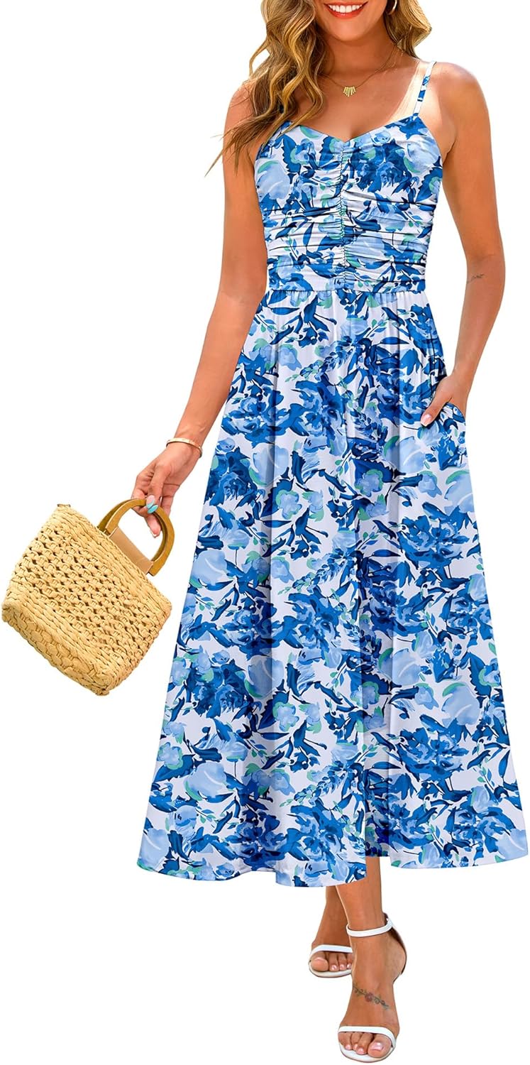 Annebouti Women 2025 Summer Fall Ruched Maxi Dress with Pockets