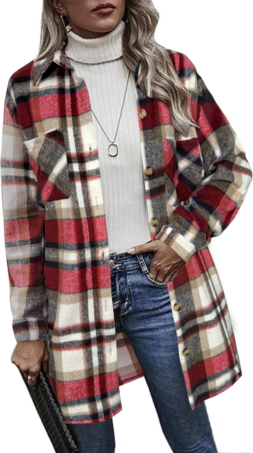 HOTOUCH Womens Flannel Plaid Shacket Jacket for Casual Style