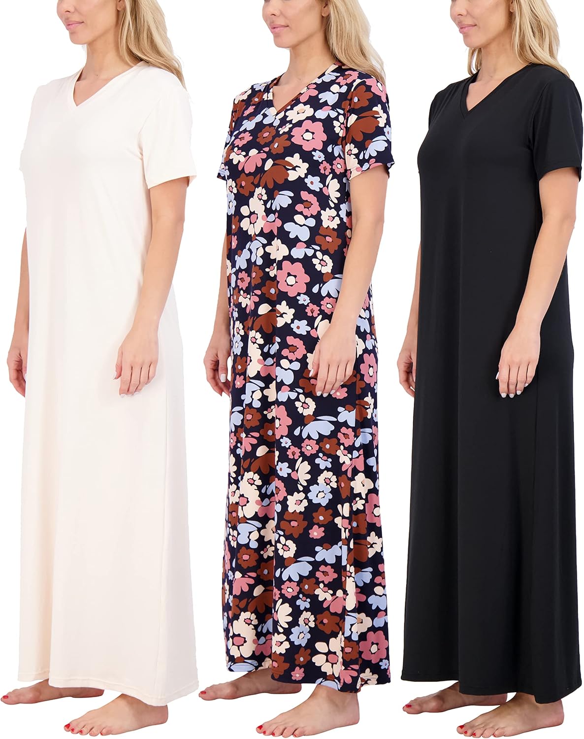 Women's V-Neck Long Nightgowns: Soft Maxi Sleep Dress 3-Pack