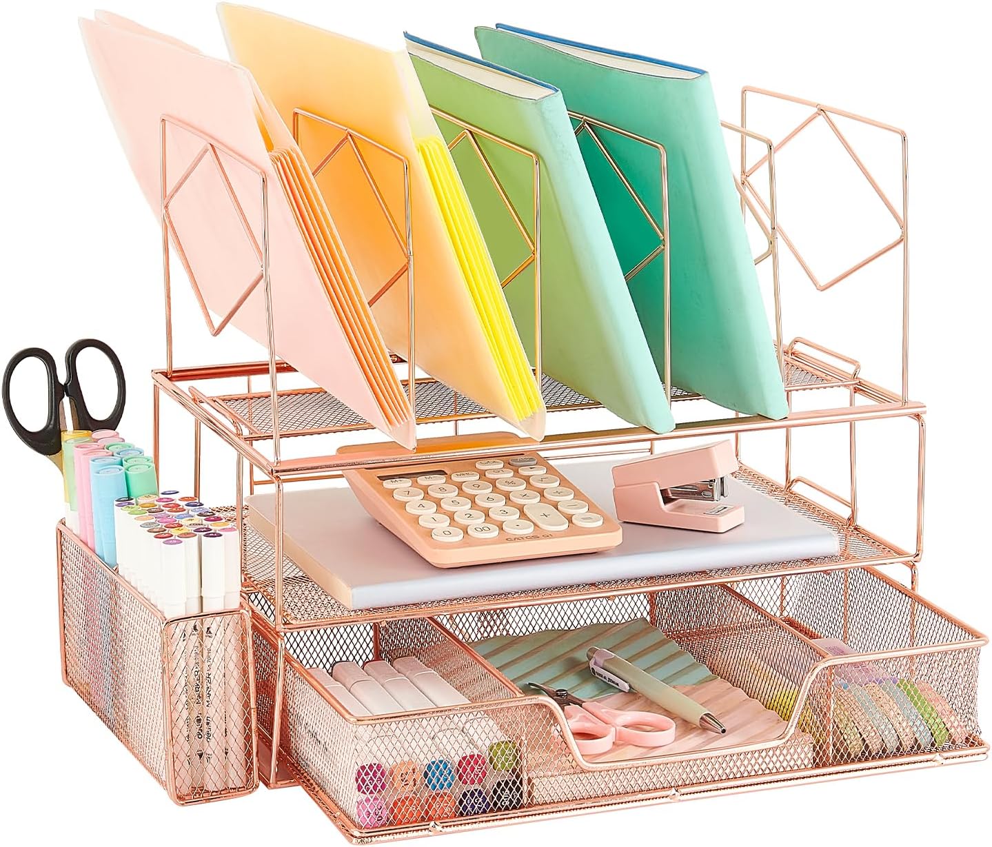 Rose Gold Desk Organizer Set - File Sorters, Pen Holder, Double Tray