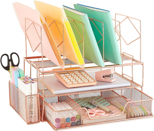 Rose Gold Desk Organizer Set - File Sorters, Pen Holder, Double Tray