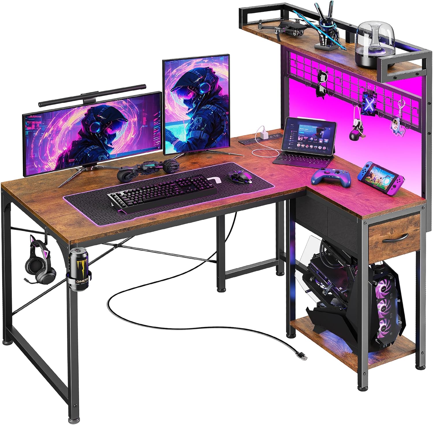 PRAISUN L Shaped Gaming Desk with LED Lights and Power Outlets