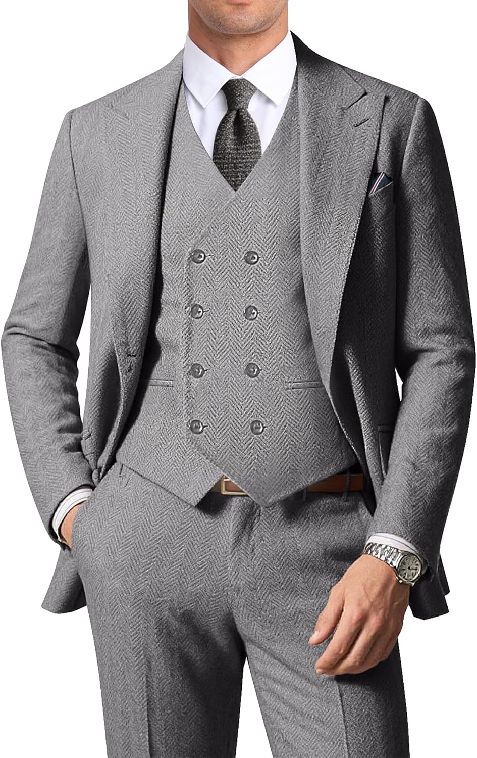 Men's Herringbone Tweed 3 Piece Suit Set for Retro Style Events