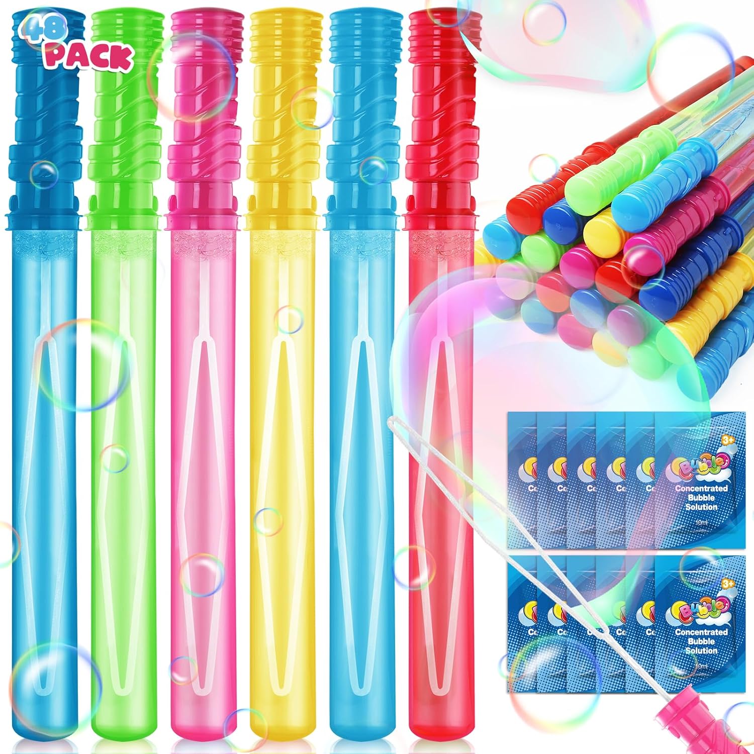 48 Pack 14 Big Bubble Wands with Refill Solution for Kids Fun