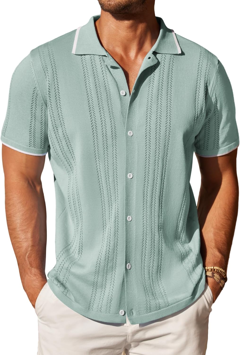 COOFANDY Men's Knit Button Down Shirt for Casual Beach Style