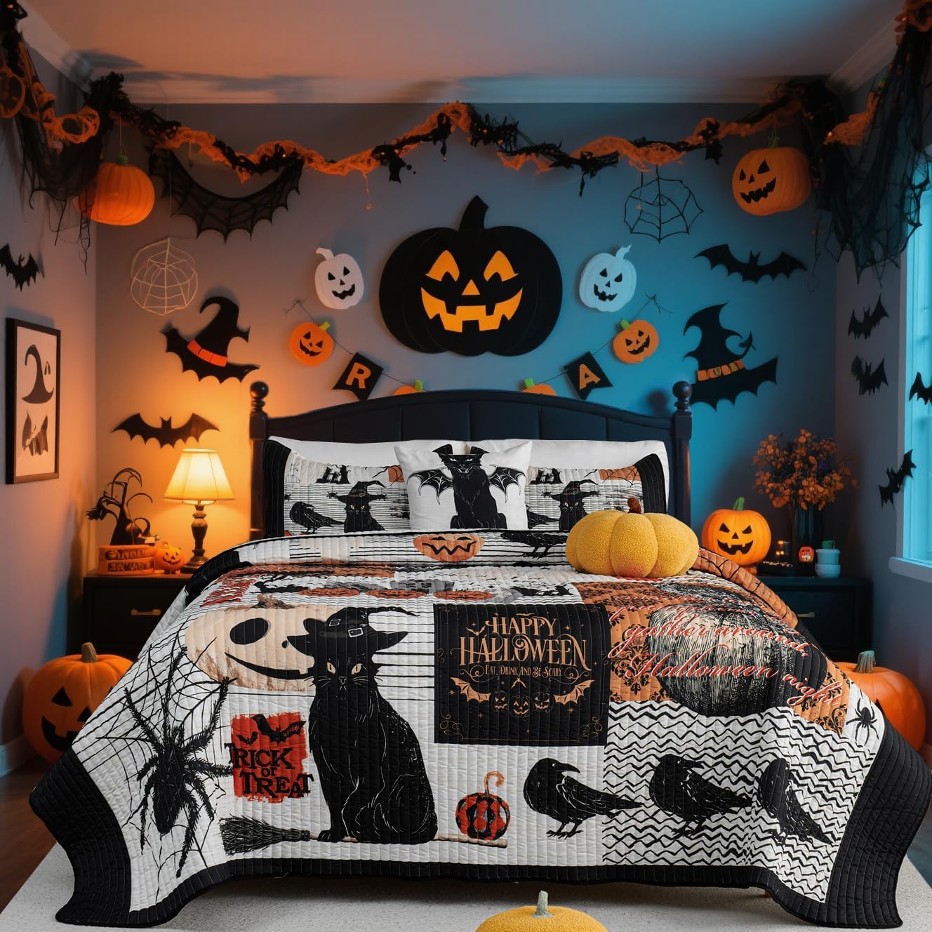 Halloween Theme King Size Quilt Bedding Set for Spooky Decor