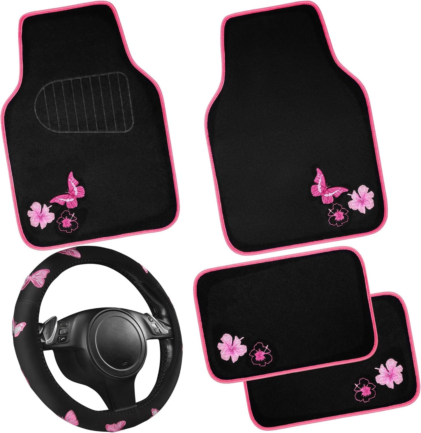 CAR PASS Embroidery Butterfly Steering Wheel Cover and Mats