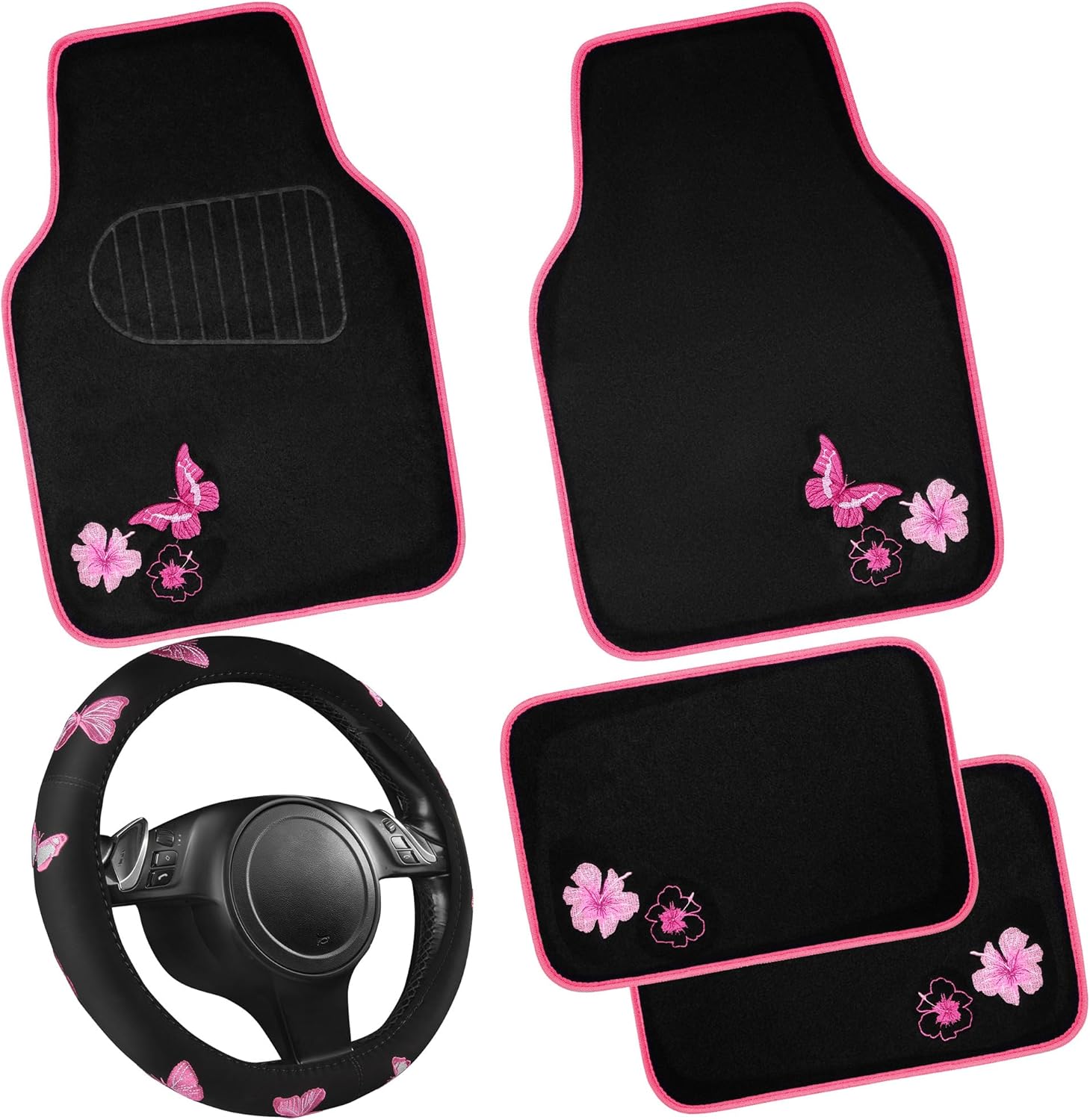 CAR PASS Embroidery Butterfly Steering Wheel Cover and Mats