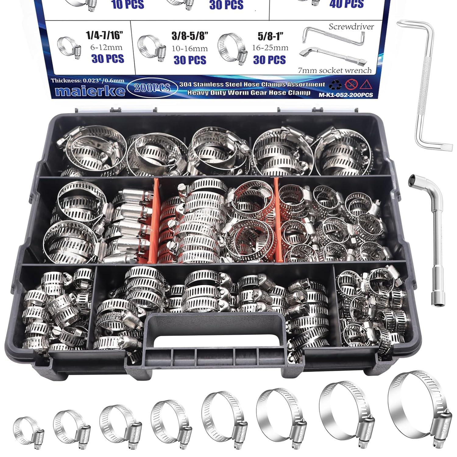 200PCS Stainless Steel Hose Clamps Assortment Kit for Various Uses