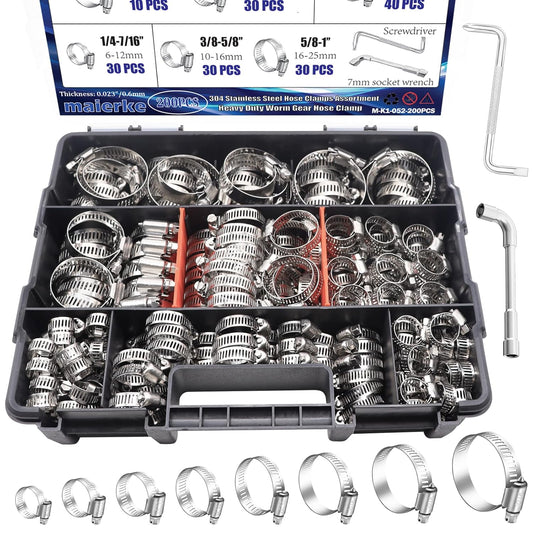 200PCS Stainless Steel Hose Clamps Assortment Kit for Various Uses