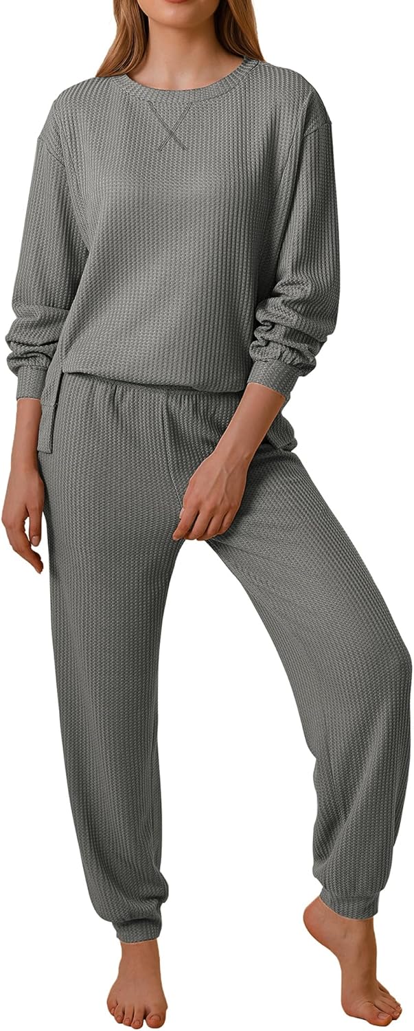 Ekouaer Waffle Knit Lounge Sets for Women with Pockets