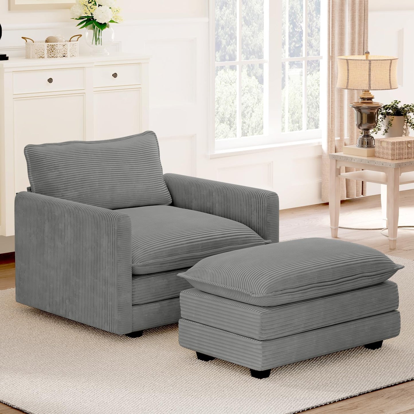 Modern Corduroy Armchair with Ottoman for Living Room Comfort