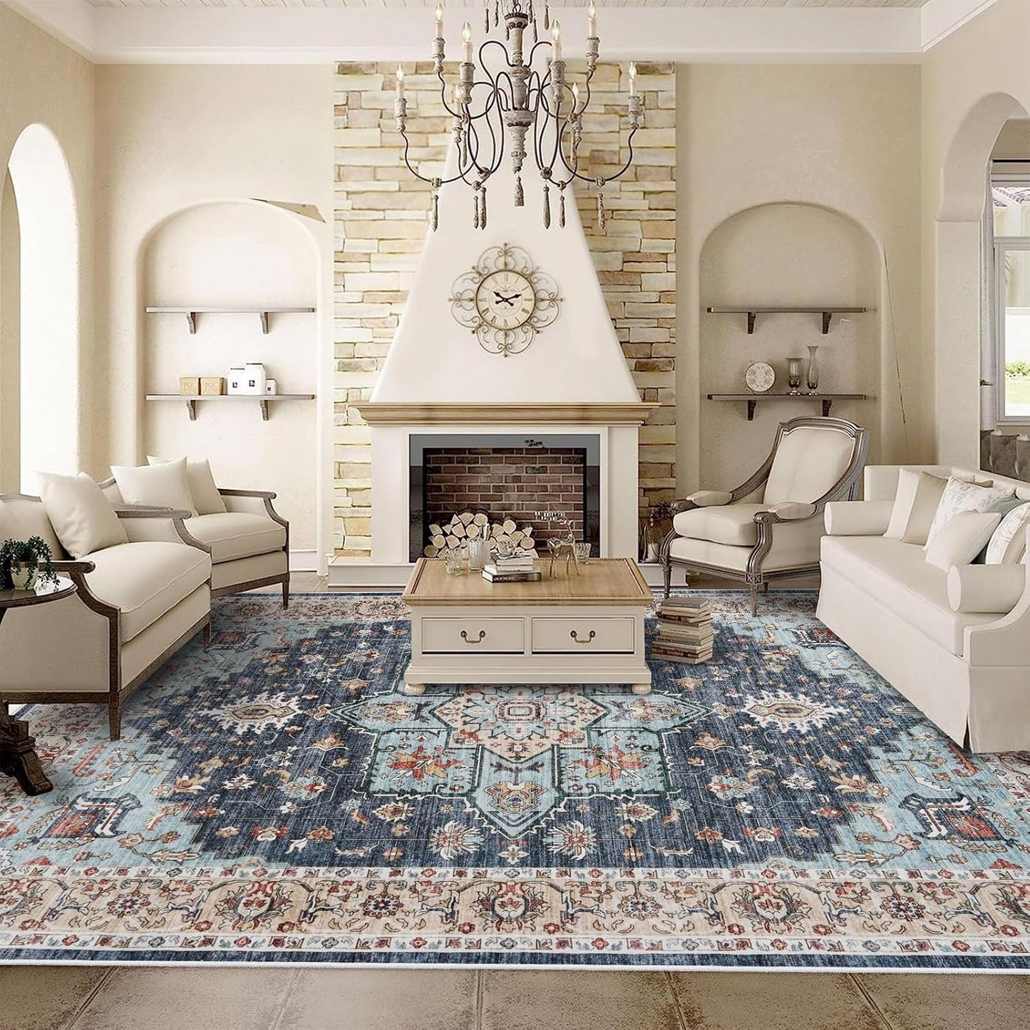 Washable Oriental Area Rug - 10x12 Soft Carpet for Living Room