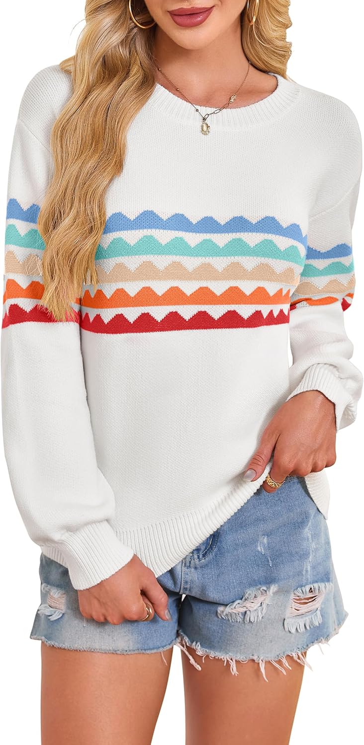 ECOWISH Women's Sweater with Rainbow Stripes for Cozy Style