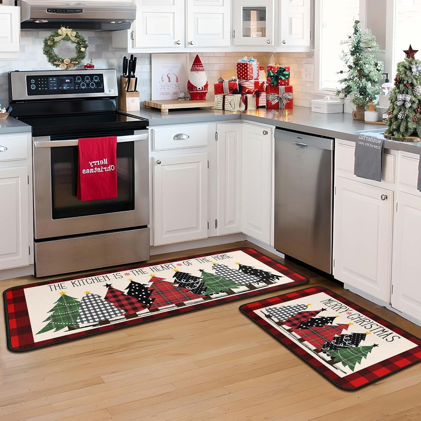 Buffalo Plaid Xmas Trees Merry Christmas Kitchen Rugs Set of 2