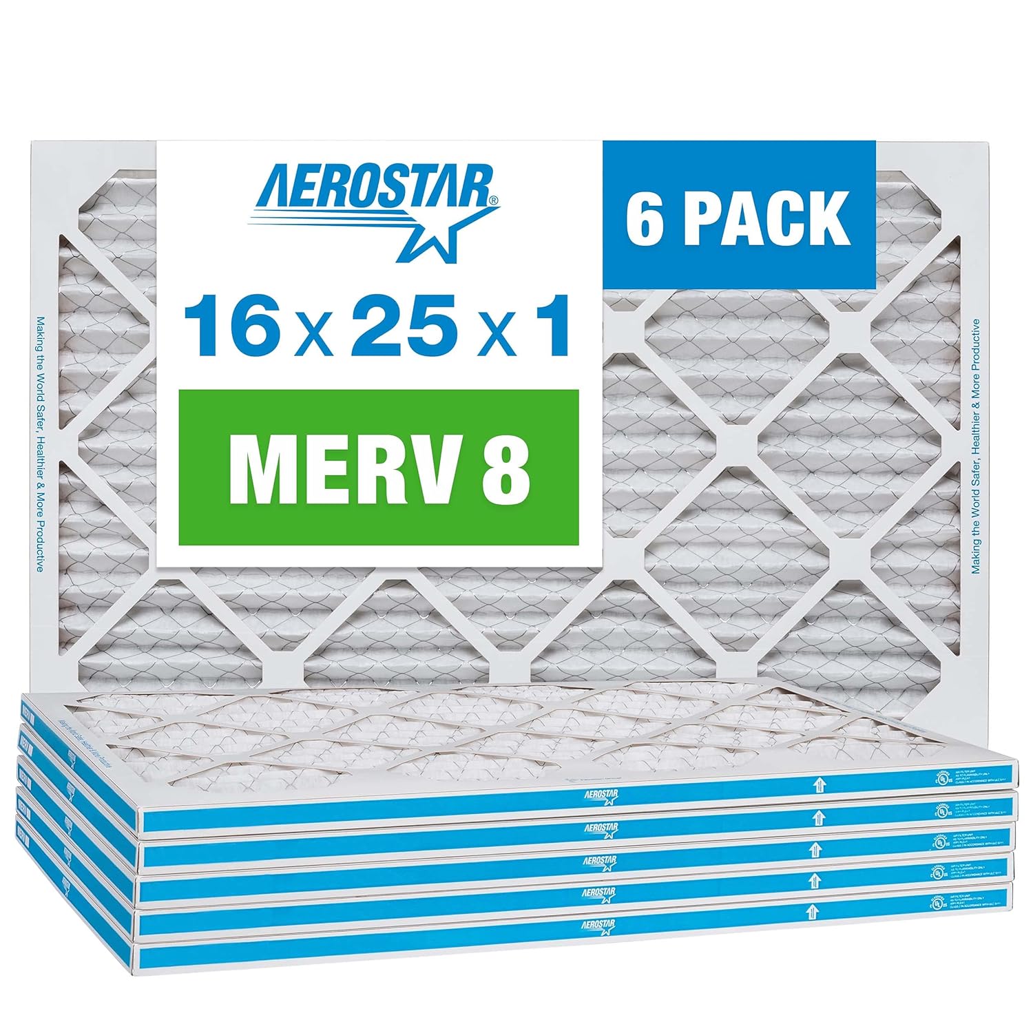 Aerostar 16x25x1 MERV 8 Air Filter 6 Pack - Cleaner Air for Your Home!