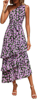 Women's Summer Floral One Shoulder Tiered Ruffle Midi Dress - Flowy