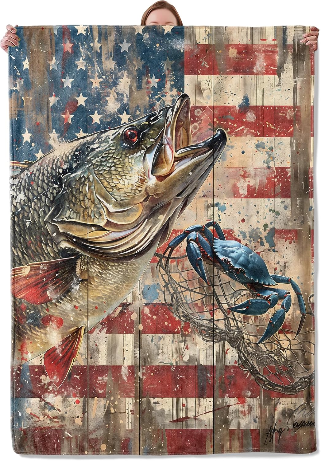 Patriotic Fishing Theme Blanket, Soft American Flag Design, 50x60, Mounidso