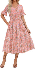 Floral V Neck Ruffle Short Sleeve Midi Casual Dress for Women