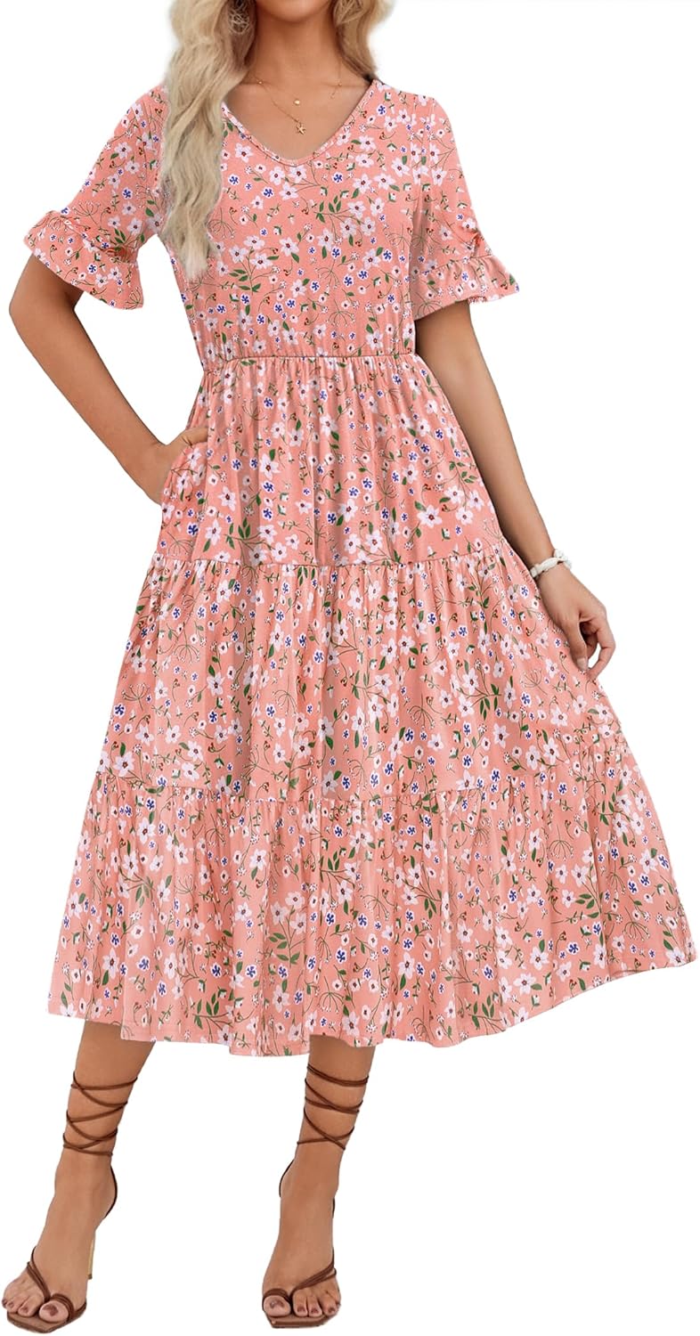 Floral V Neck Ruffle Short Sleeve Midi Casual Dress for Women