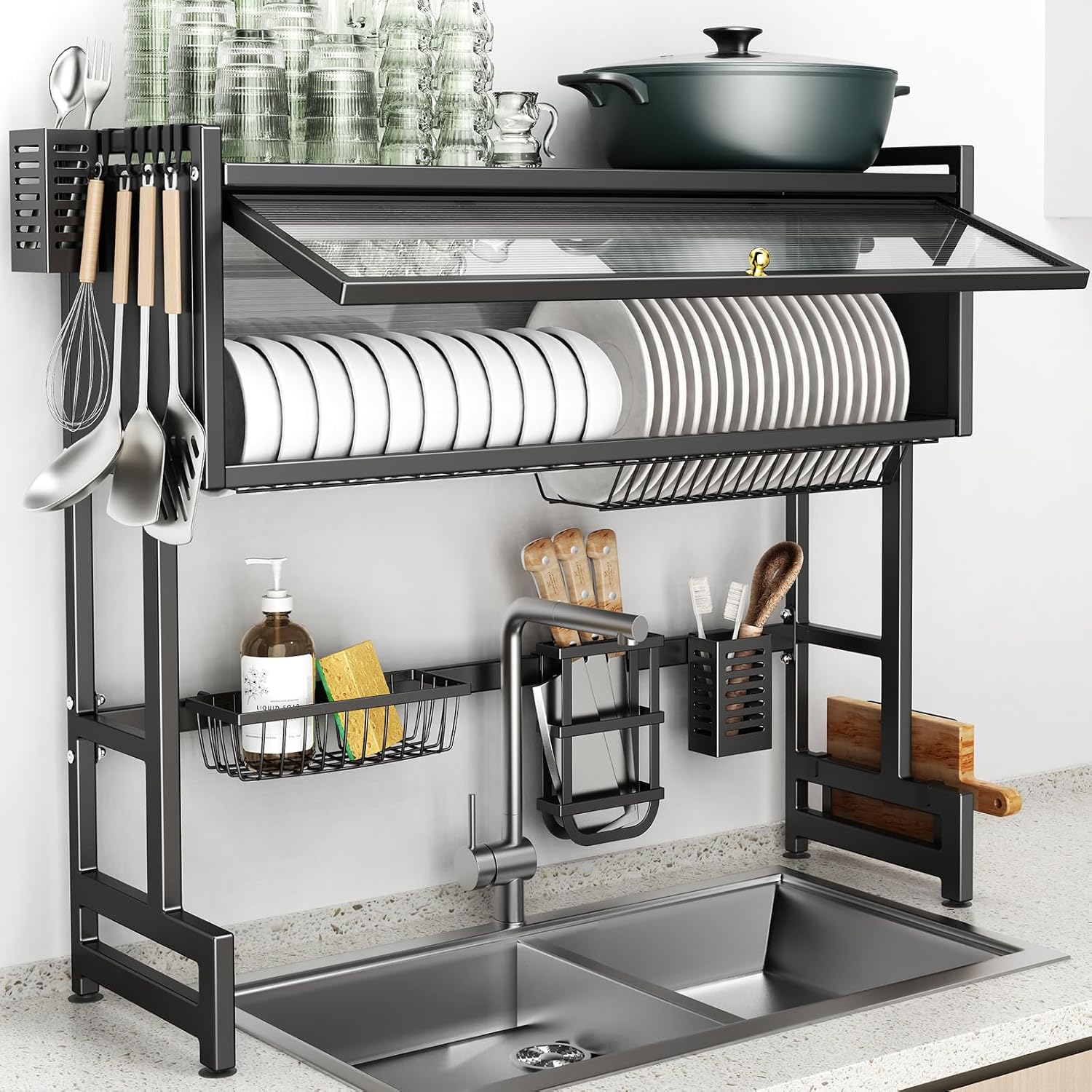 Over The Sink Dish Drainer Drying Rack with Cover for Kitchen