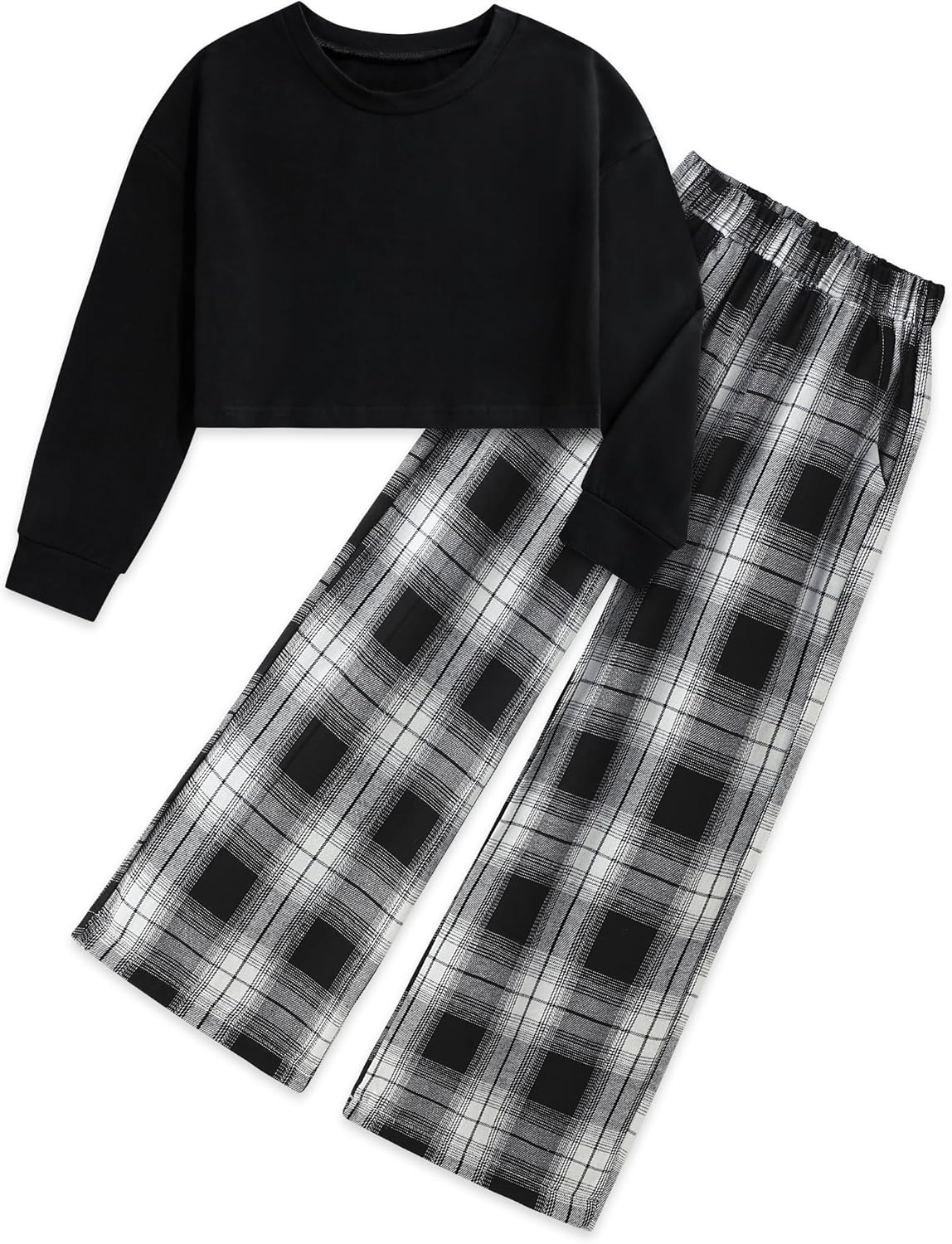 Girls Clothes Solid Long Sleeve Tops and Plaid Wide Leg Pants