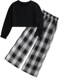 Girls Clothes Solid Long Sleeve Tops with Plaid Wide Leg Pants Set